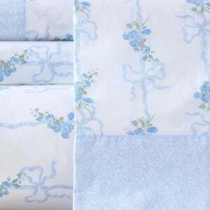 Laura Ashley - Twin Floral Ribbon Blue 100%Cotton Percale 3pc Set Deep Pockets